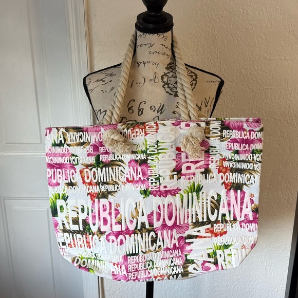 Large Republica Dominicana BeachTote Bag Tropical Floral Print with Rope Handles - Picture 2 of 7